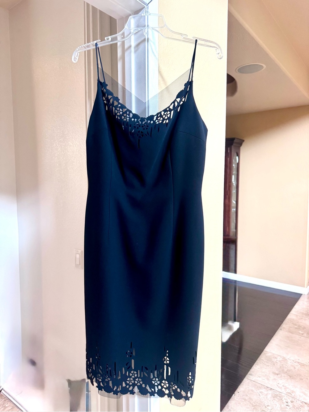 London Times Black Midi Slip Dress with Laser-Cut Lace